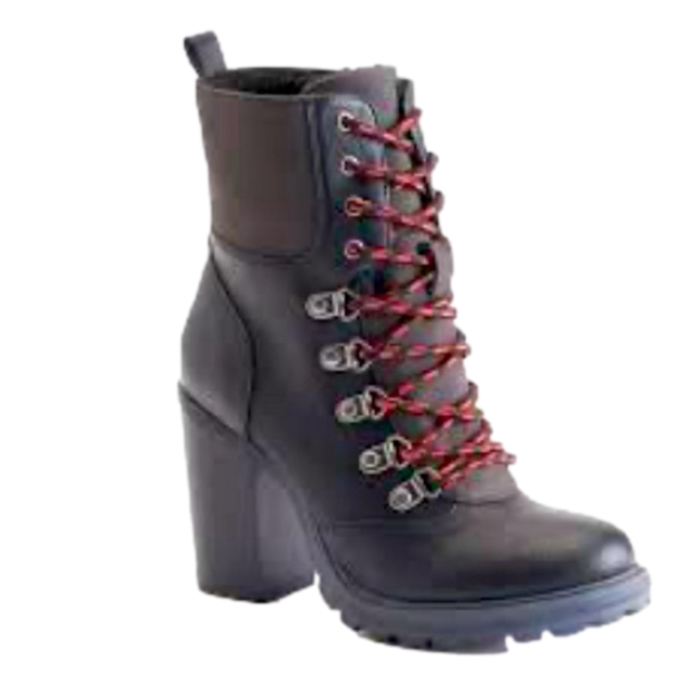 UnionBay Lionel fleece lined combat Boots Black size 9 Red lace block Heel